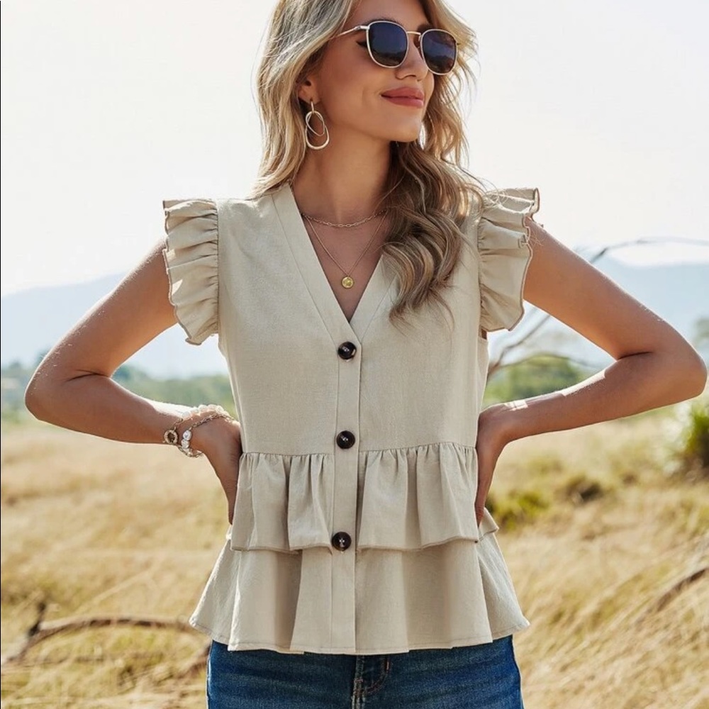 Ruffle Trim Button Up Layered Peplum Blouse